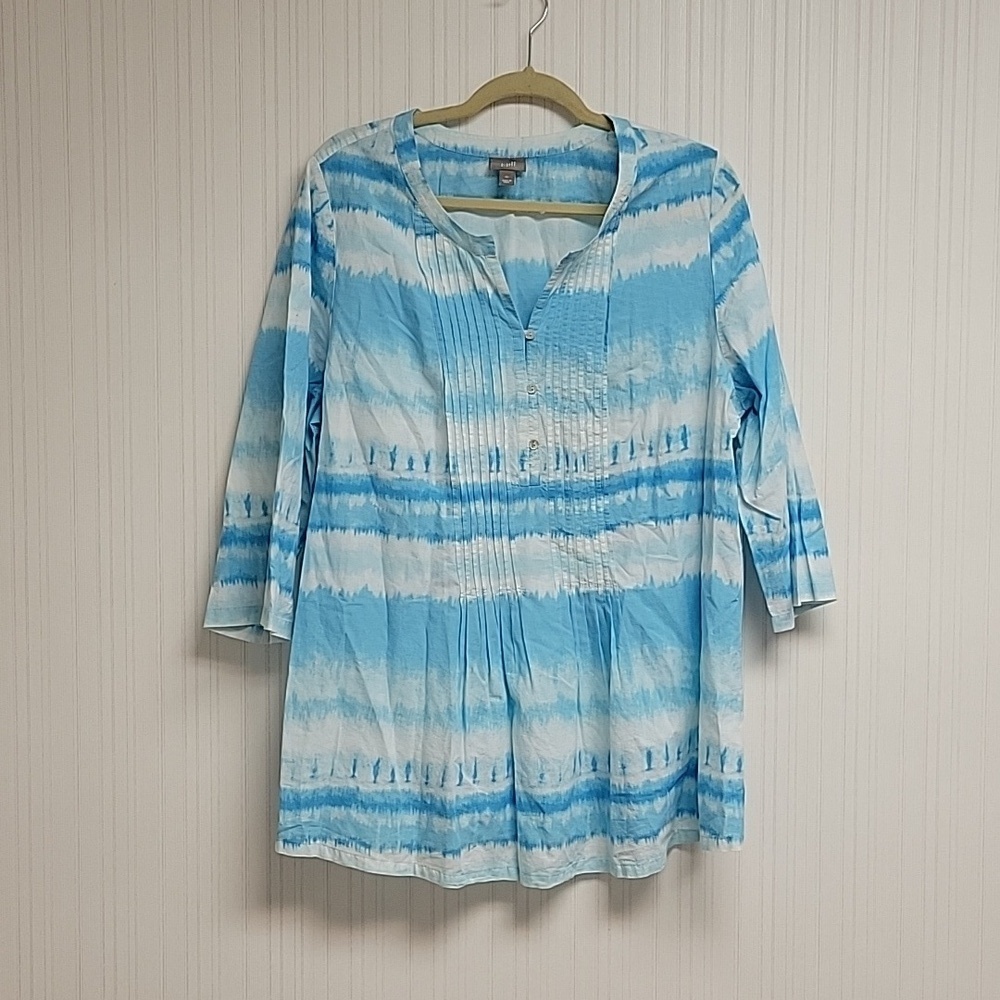 J Jill blue white tye dye pintuck 3/4 sleeve tunic XL coastal grandma casual